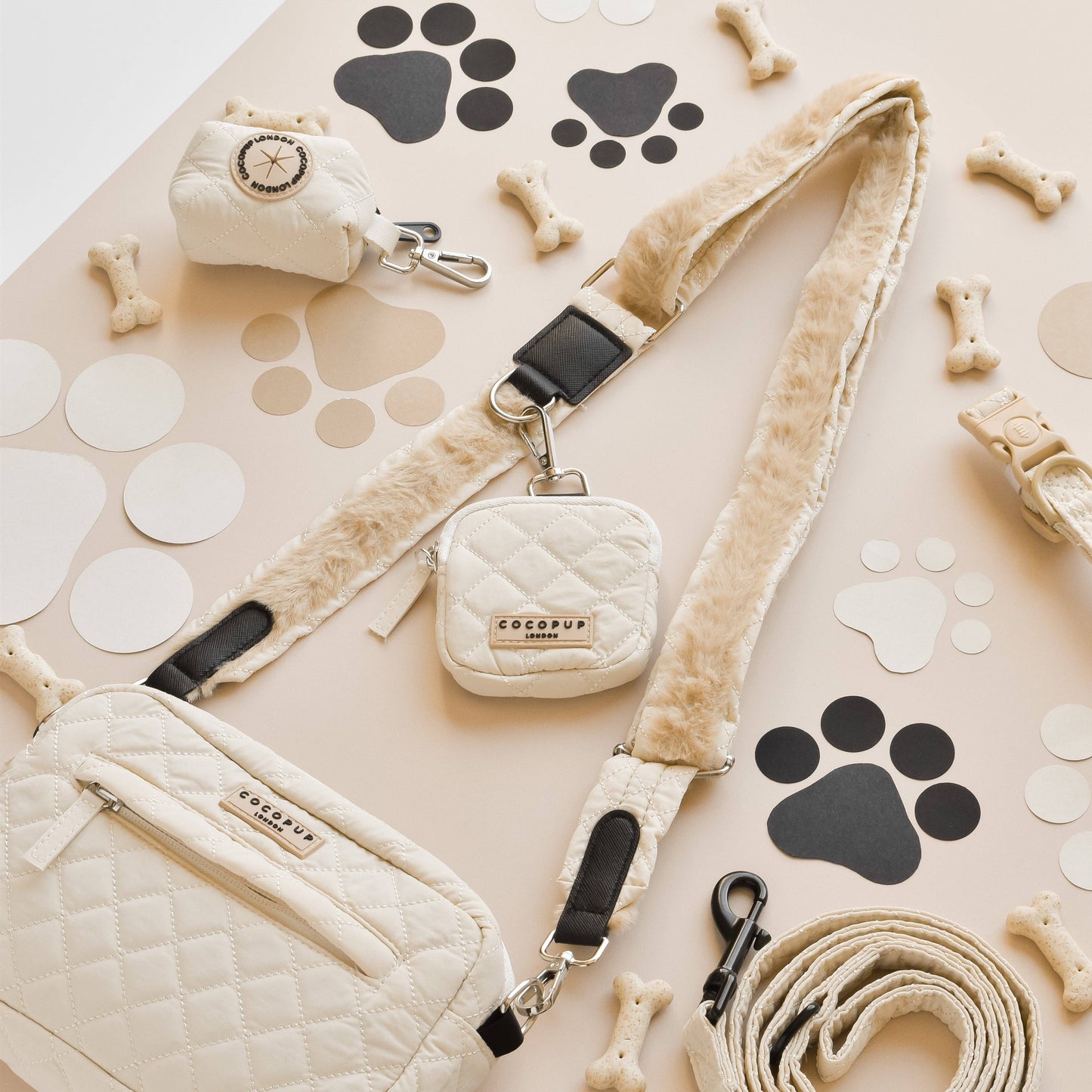 Ensemble Sac de promenade + sangle + pochette frifri pour chien - Matelassé